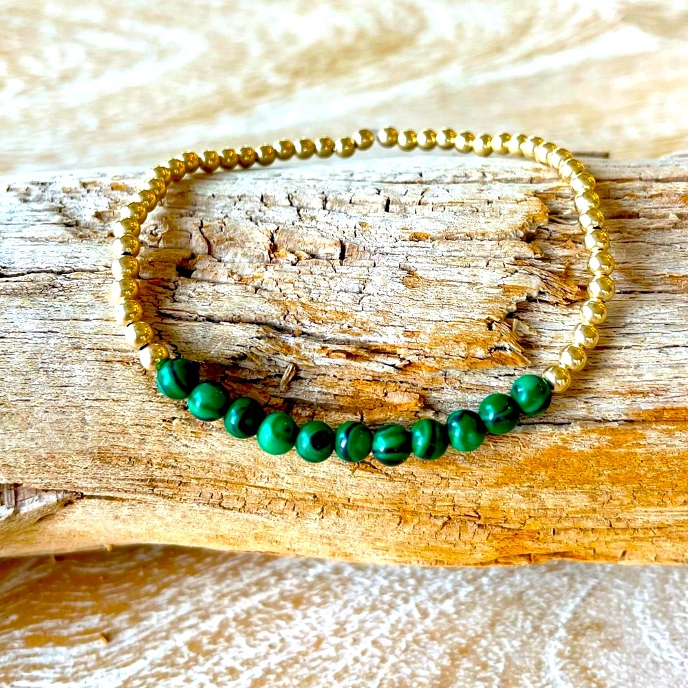 Handmade 14k gold filled bead stretch malachite bracelet Add to your stack!